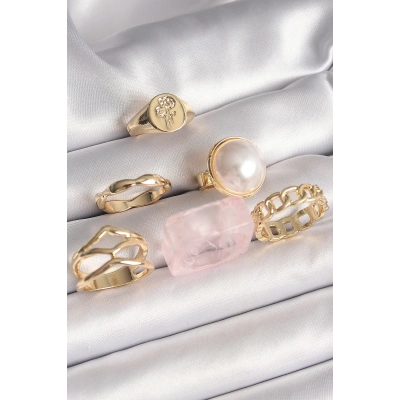 BFS Pirinç Gold Renk Daire 3D İncili Figür Zincir Model Gül İşleme Detaylı 6Lı Kadın Yüzük Seti