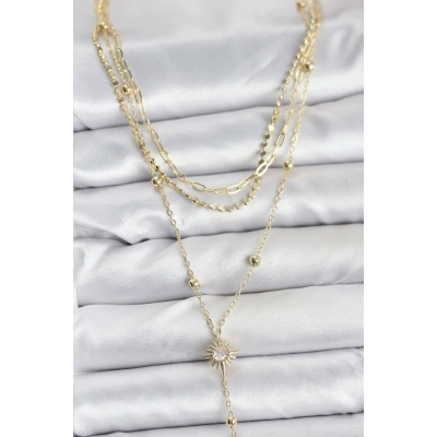 BFS Pirinç Gold Renk Güneş Model Detaylı 3lü Kombin Y Kadın Kolye