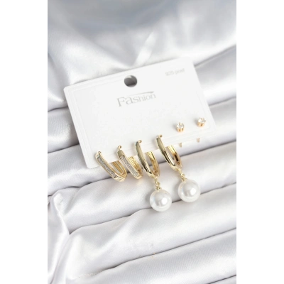 BFS Pirinç Gold Renk İnci Detaylı 925 Ayar Gümüş Çivili Kadın Küpe Seti