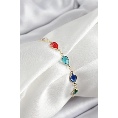 BFS Pirinç Gold Renk Karışık Renk Damla Zirkon Taşlı Kadın Bileklik