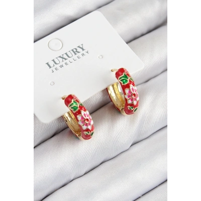 BFS Pirinç Gold Renk Kırmızı Çiçek İşleme Mineli Kadın Küpe