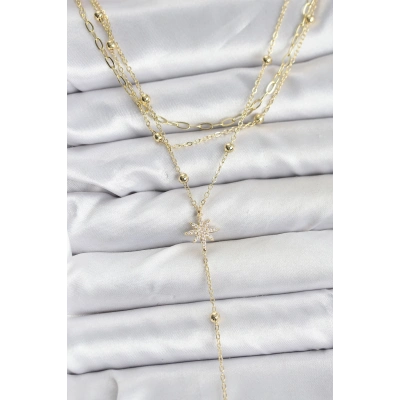 BFS Pirinç Gold Renk Kutup Yıldızı Detaylı 3lü Kombin Kadın Kolye