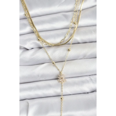 BFS Pirinç Gold Renk Kutup Yıldızı Model Detaylı 3lü Kombin Y Kadın Kolye