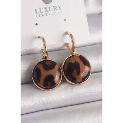 BFS Pirinç Gold Renk Leopar Desenli Daire Model Kadın Küpe