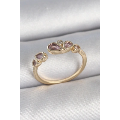 BFS Pirinç Gold Renk Pembe Damla Zirkon Taşlı Ayarlanabilir Kadın Yüzük