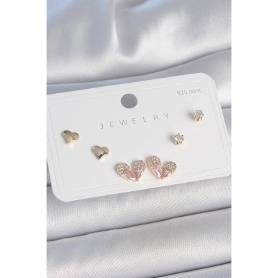BFS Pirinç Gold Renk Pembe Zirkon Taşlı Kalp Model 925 Ayar Gümüş Çivi Kadın Küpe Seti