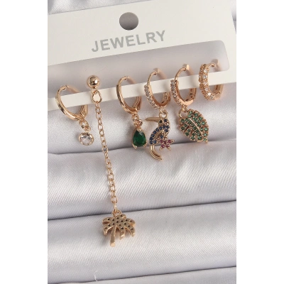 BFS Pirinç Gold Renk Sallantı Zirkon Taşlı Ağaç Figür Kadın Küpe Seti