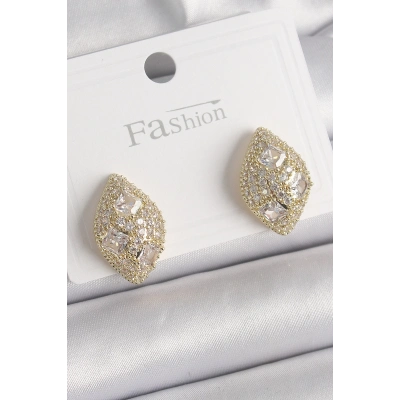 BFS Pirinç Gold Renk Zirkon Taş İşlemeli Damla Model Kadın Küpe