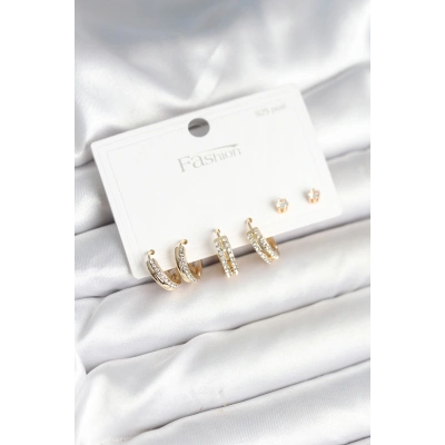 BFS Pirinç Gold Renk Zirkon Taşlı 925 Gümüş Çivili Kadın Küpe Seti