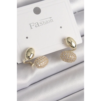 BFS Pirinç Gold Renk Zirkon Taşlı Bombeli Model Kadın Küpe