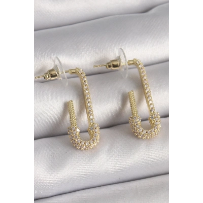 BFS Pirinç Gold Renk Zirkon Taşlı Çengelli İğne Model Kadın Küpe