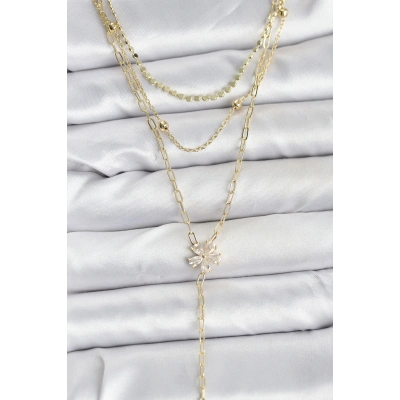 BFS Pirinç Gold Renk Zirkon Taşlı Çiçek Model Detaylı 3lü Kombin Y Kadın Kolye