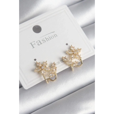 BFS Pirinç Gold Renk Zirkon Taşlı Çiçek Model Kadın Küpe