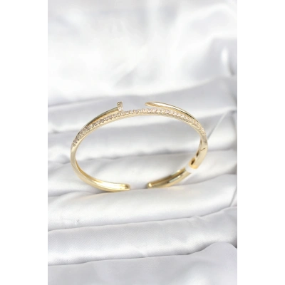 BFS Pirinç Gold Renk Zirkon Taşlı Çivi Model Kadın Kelepçe Bileklik