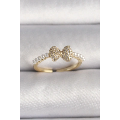 BFS Pirinç Gold Renk Zirkon Taşlı Fiyonk İnci Detay Ayarlanabilir Yüzük