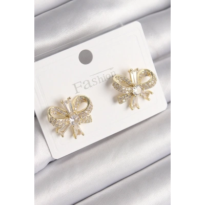 BFS Pirinç Gold Renk Zirkon Taşlı Fiyonk Model Kadın Küpe