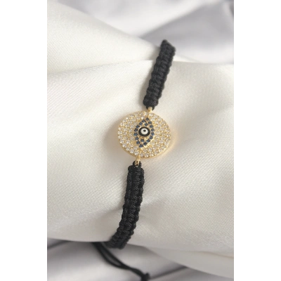 BFS Pirinç Gold Renk Zirkon Taşlı Göz İşlemeli Figür Asansörlü Makrome Model Kadın Bileklik