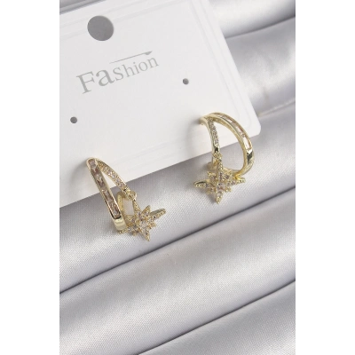 BFS Pirinç Gold Renk Zirkon Taşlı Halka Model Yıldız Detay Kadın Küpe