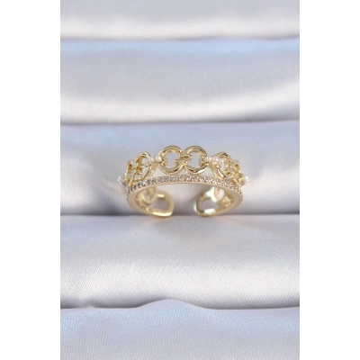 BFS Pirinç Gold Renk Zirkon Taşlı İnci Detay Kadın Yüzük