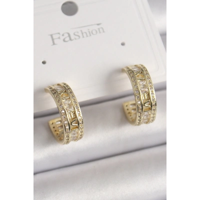 BFS Pirinç Gold Renk Zirkon Taşlı İşleme Detay Halka Model Kadın Küpe