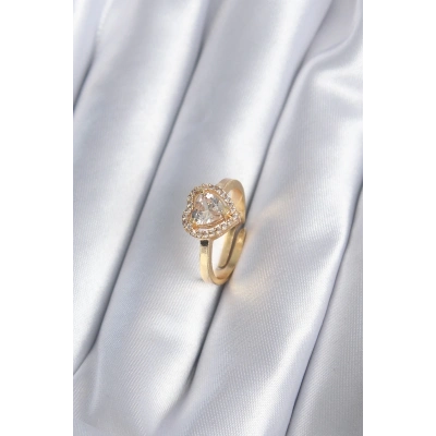 BFS Pirinç Gold Renk Zirkon Taşlı Kalp Charm Model Kadın Yüzük