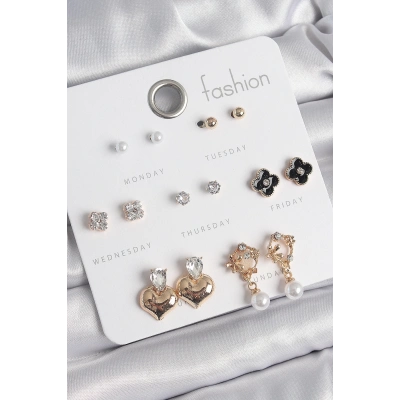 BFS Pirinç Gold Renk Zirkon Taşlı Kalp Figür Siyah Yonca Detay 7 Çift Kadın Küpe Seti