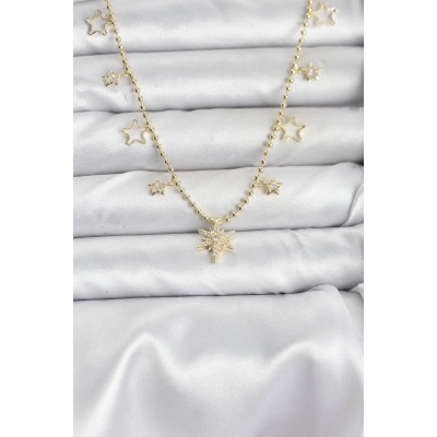 BFS Pirinç Gold Renk Zirkon Taşlı Kutup Yıldızı Model Kadın Kolye