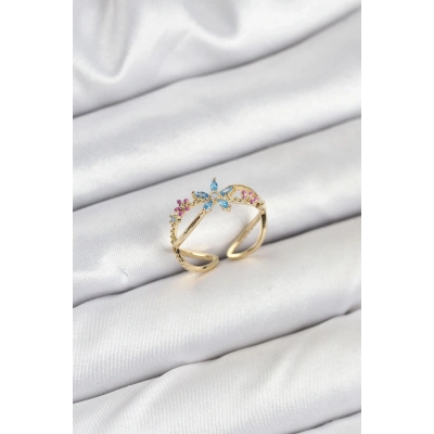 BFS Pirinç Gold Renk Zirkon Taşlı Mavi Çiçekli Kadın Yüzük