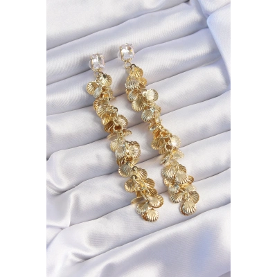 BFS Pirinç Gold Renk Zirkon Taşlı Minimal Deniz Kabuklu Sallantılı Küpe