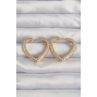 BFS Pirinç Gold Renk Zirkon Taşlı Motifli Kalp Küpe