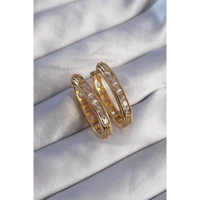 BFS Pirinç Gold Renk Zirkon Taşlı Oval Model Küpe