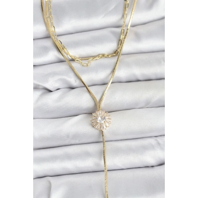 BFS Pirinç Gold Renk Zirkon Taşlı Papatya Model Detaylı 3lü Kombin Y Kadın Kolye