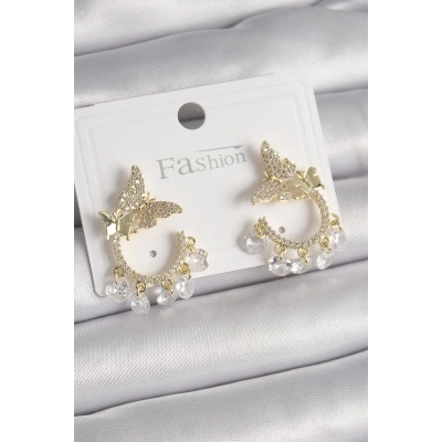 BFS Pirinç Gold Renk Zirkon Taşlı Sallantı Detay Kelebek Model Kadın Küpe