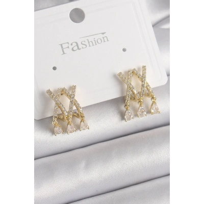 BFS Pirinç Gold Renk Zirkon Taşlı X Model Sallantı Detay Kadın Küpe