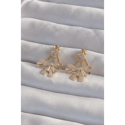 BFS Pirinç Gold Renk Zirkon Taşlı Yassı Fiyonk Model Küpe