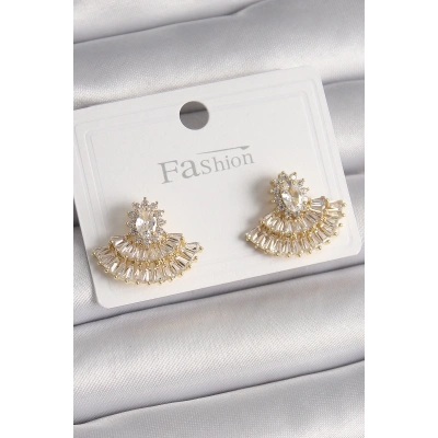 BFS Pirinç Gold Renk Zirkon Taşlı Yelpaze Model Kadın Küpe
