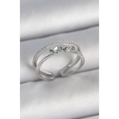 BFS Pirinç Gümüş Renk 2Li Zirkon Taş Detaylı Kelebek Figür Ayarlanabilir Model Kadın Yüzük