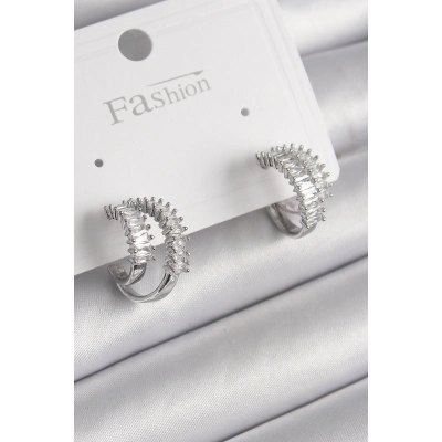 BFS Pirinç Gümüş Renk 2Li Zirkon Taşlı Halka Model Kadın Küpe