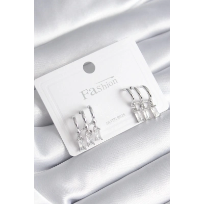 BFS Pirinç Gümüş Renk 3lü Sallantı Zirkon Taşlı Küpe