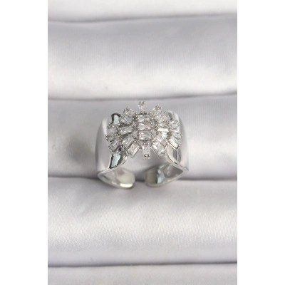 BFS Pirinç Gümüş Renk Ayarlanabilir Baget Zirkon Taş Model Kadın Yüzük