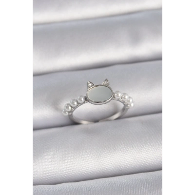 BFS Pirinç Gümüş Renk Ayarlanabilir Beyaz Mineli Kedi Model İnci Detay Kadın Yüzük