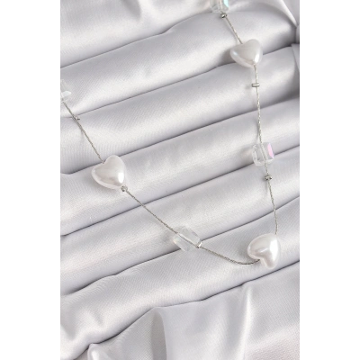 BFS Pirinç Gümüş Renk Beyaz İnci Kalp Model Kadın Kolye