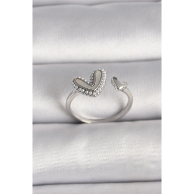 BFS Pirinç Gümüş Renk Beyaz Mineli İnci Detaylı Kalp Model Ayarlanabilir Yüzük