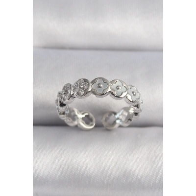 BFS Pirinç Gümüş Renk Beyaz Sedefli Yonca Model Kadın Yüzük