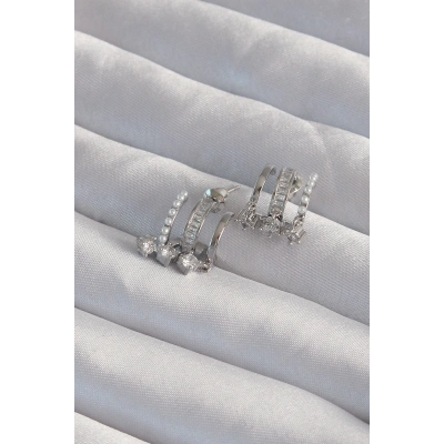 BFS Pirinç Gümüş Renk İncili Çoklu Zirkon Taşlı Yarım Halka Küpe