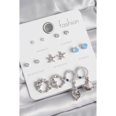 BFS Pirinç Gümüş Renk İncli Zirkon Taşlı Halka Figür Yıldız Detay 7 Çift Kadın Küpe Seti