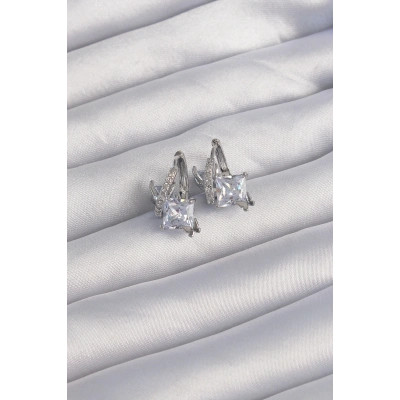 BFS Pirinç Gümüş Renk İri Zirkon Taşlı Kıvrımlı Minimal Kelebekli Halka Küpe