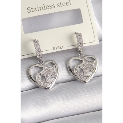 BFS Pirinç Gümüş Renk Kalp Model Zirkon Taşlı Ay Yıldız İşlemeli Kadın Küpe