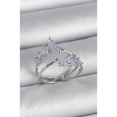 BFS Pirinç Gümüş Renk Mor Damla Zirkon Taşlı Taç Model Kadın Yüzük