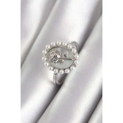 BFS Pirinç Gümüş Renk Portre Gül Model İnci Detay Kadın Yüzük